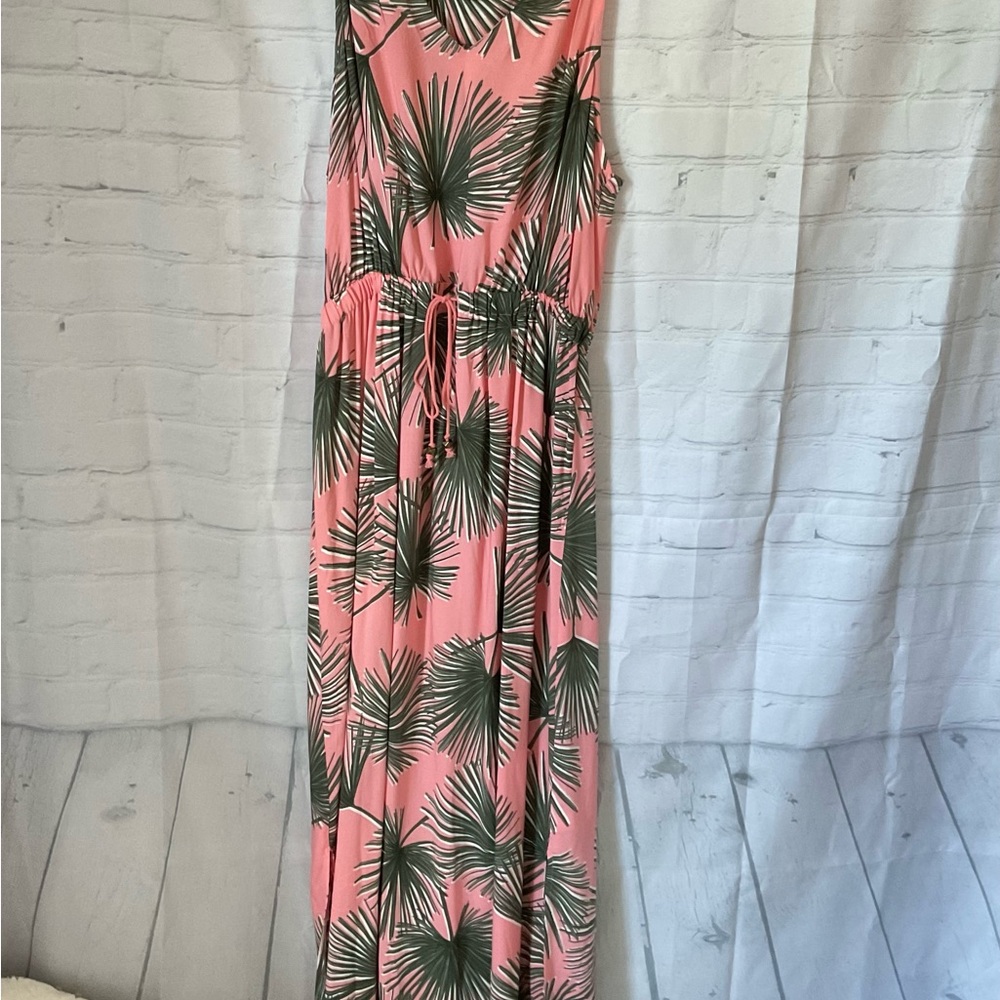 A New Day, Pink and Green Palm Leaf Maxi Dress, Medium. Like New